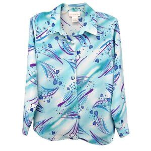 Susan Graver Peachskin Heart Print Big Shirt Blue Size M Polyester Long Sleeve